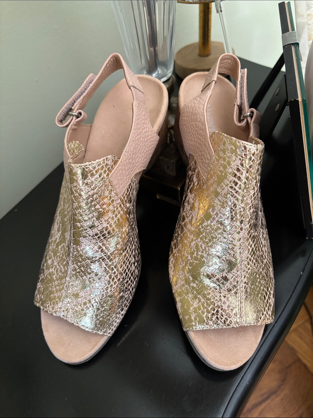 NEW,Vionic Tatiana Gold/Blush Metallic Snake-Embossed Open-Toe Slingback Sandals